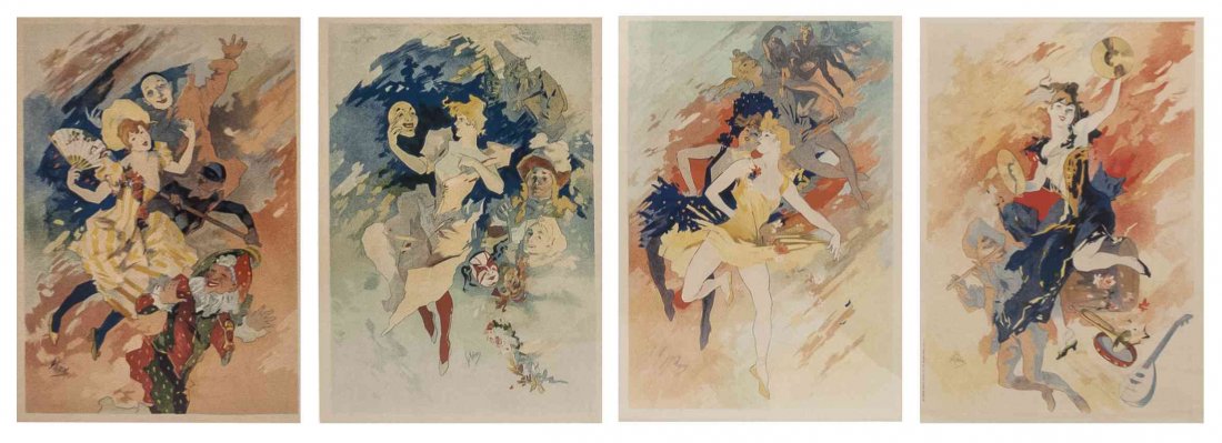 Jules Cheret, (French, 1836-1932), A group of four work: Jules Cheret (French, 1836-1932) A group of four works titled: La Danse, La Comedie, La Pantomime, and La Musique lithograph Each: blindstamped (lower right) Ea