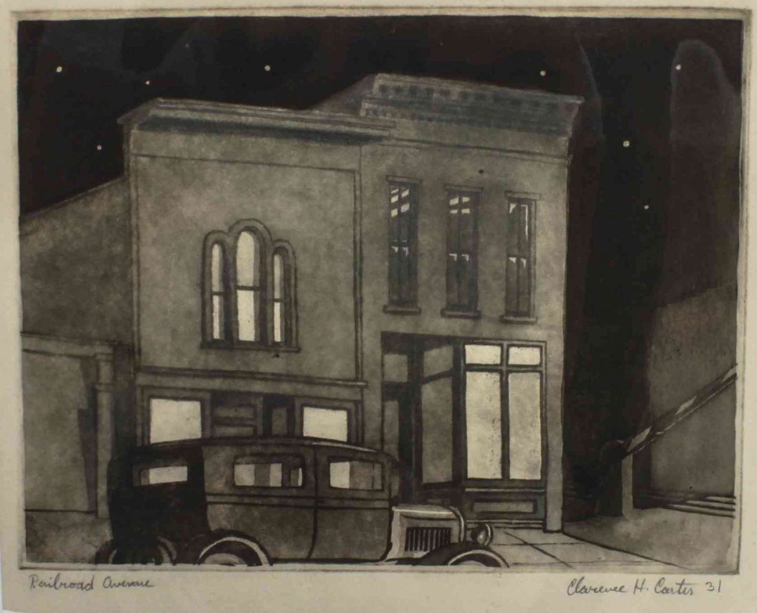 Clarence H. Carter, (American, 1904-2000), Railroad Ave: Clarence H. Carter (American, 1904-2000) Railroad Avenue, 1931 etching signed Clarence H. Carter and dated (lower right) 6 1/2 x 8 3/4 inches. Property from the Collection of Brewster