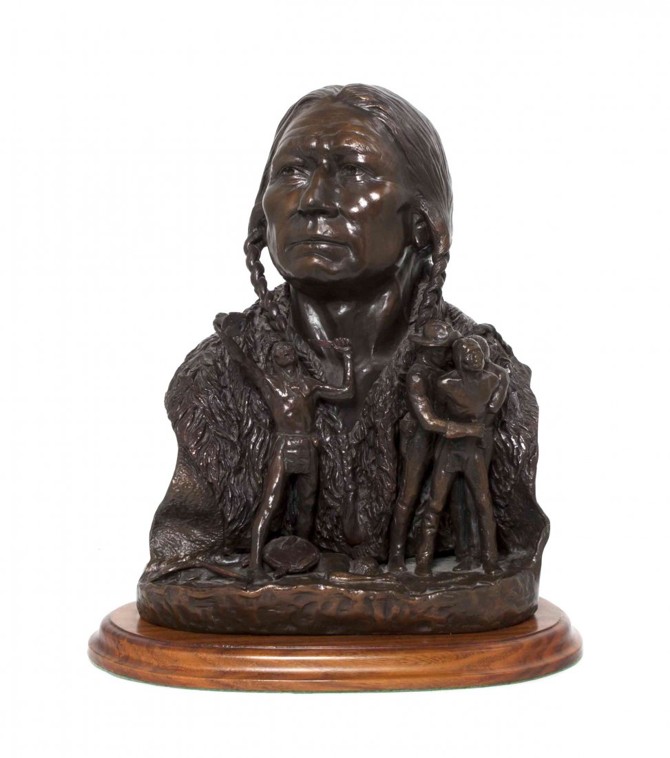 An American Bronze Figural Bust, Thomas Scott Morris (2: An American Bronze Figural Bust, Thomas Scott Morris (20th century), depicting an American Indian chief, stamped Victor Bronze and signed by the artist. Height 13 1/4 inches.