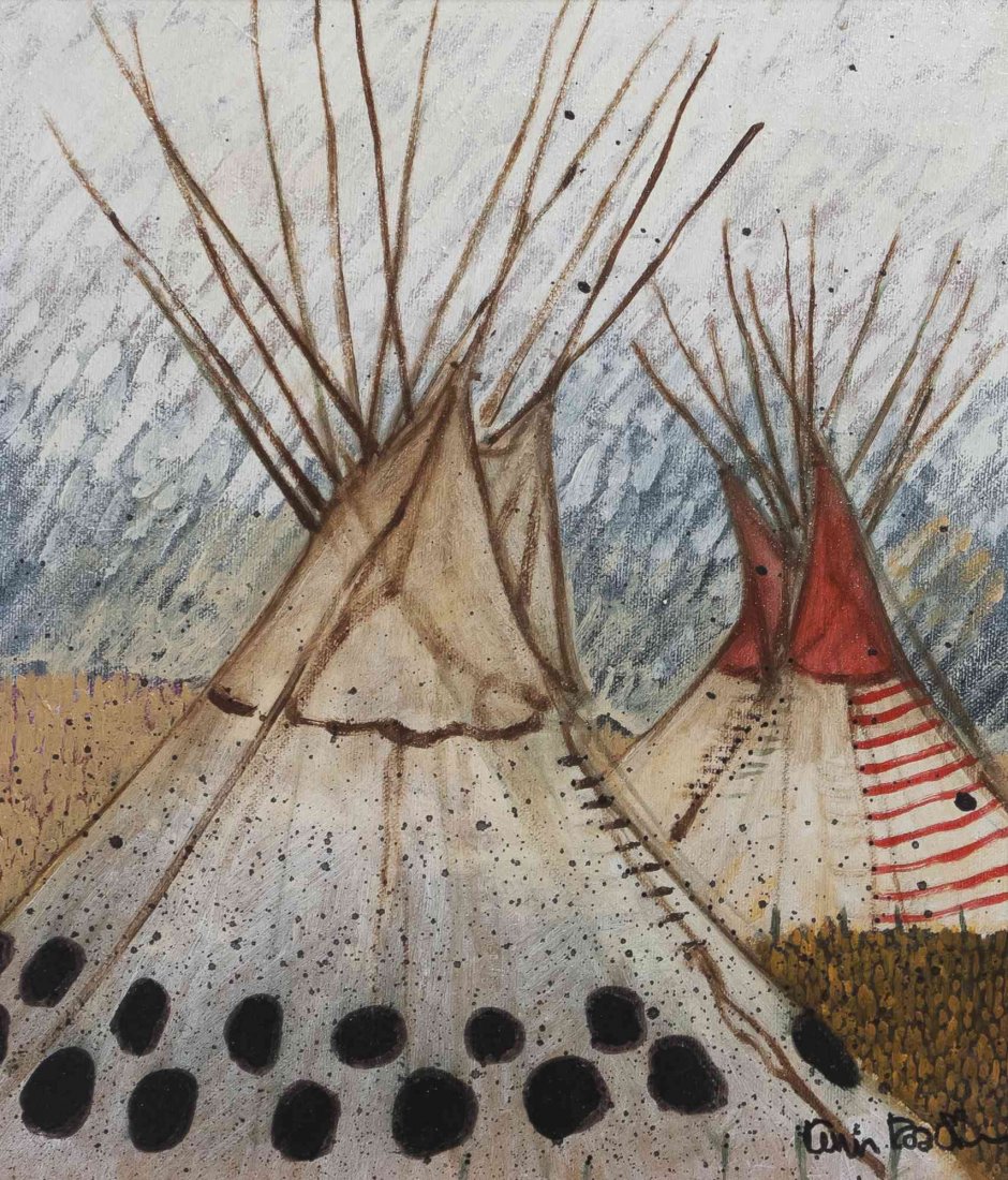 Kevin Red Star, (American, b. 1943), Chiefs Lodge, 1991: Kevin Red Star (American, b. 1943) Chiefs Lodge, 1991 oil on canvas signed Kevin Red Star (lower right) 14 x 12 inches.