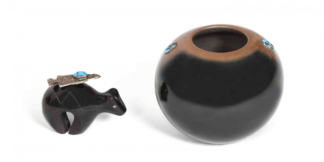 A San Ildefonso Black, Buff and Turquoise Vessel, Dora : A San Ildefonso Black, Buff and Turquoise Vessel, Dora Tse Pe Pena, having overall gunmetal finish with buff coloring at rim and extending to two sides encasing two inset turquoise cabachons, signed D