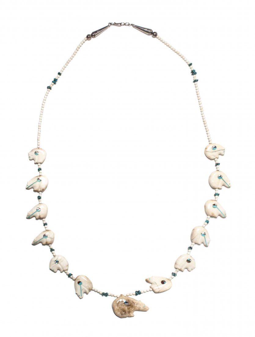A Zuni Style Fossilized Ivory Fetish Necklace, Length 3
