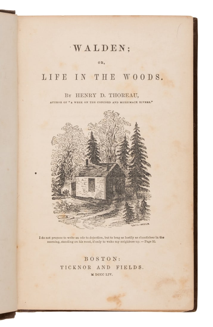 Thoreau, Henry David (1817-1862). Walden; or, Life in the Woods. Boston: Ticknor & Fields, 1854.: Thoreau, Henry David (1817-1862). Walden; or, Life in the Woods. Boston: Ticknor & Fields, 1854. 8vo (180 x 108 mm). Wood-engraved map of Walden Pond; 8pp. publisher's ads at end dated "April 1854