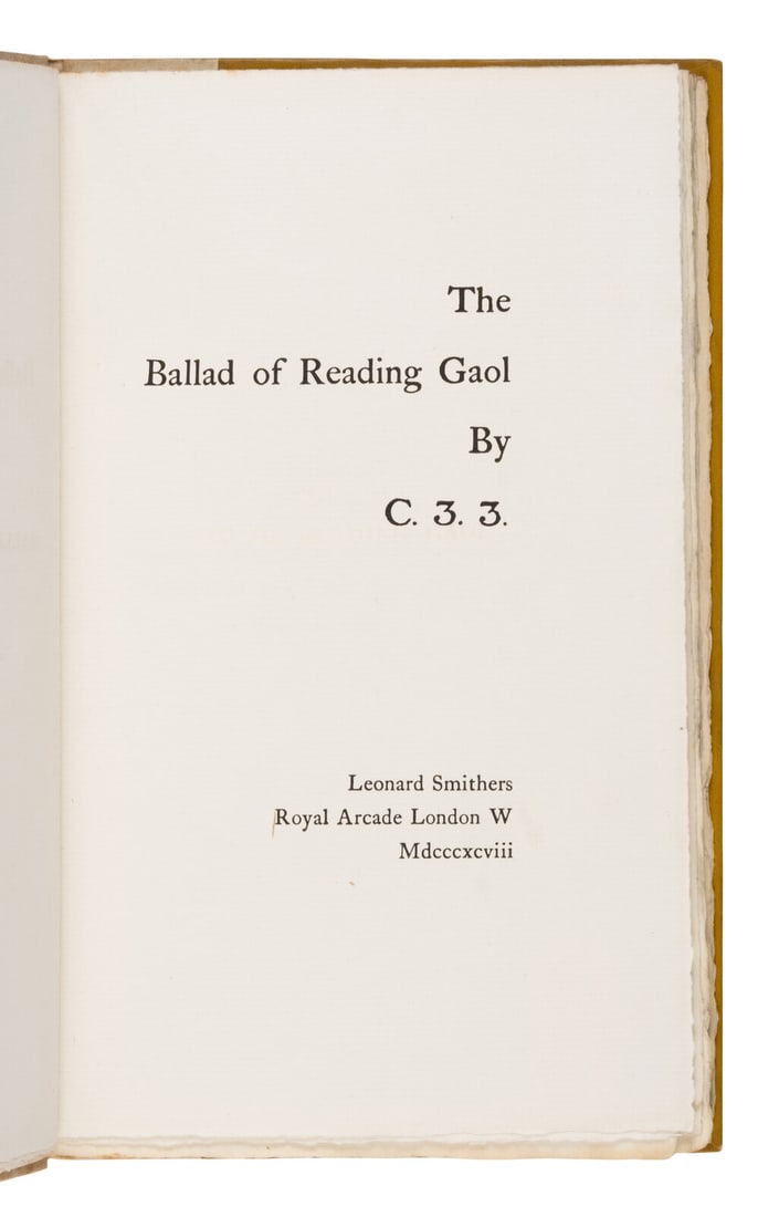 Wilde, Oscar ("C. 3. 3.") (1854-1900). The Ballad of Reading Gaol. London: Leonard Smithers 1898. (1 of 2)