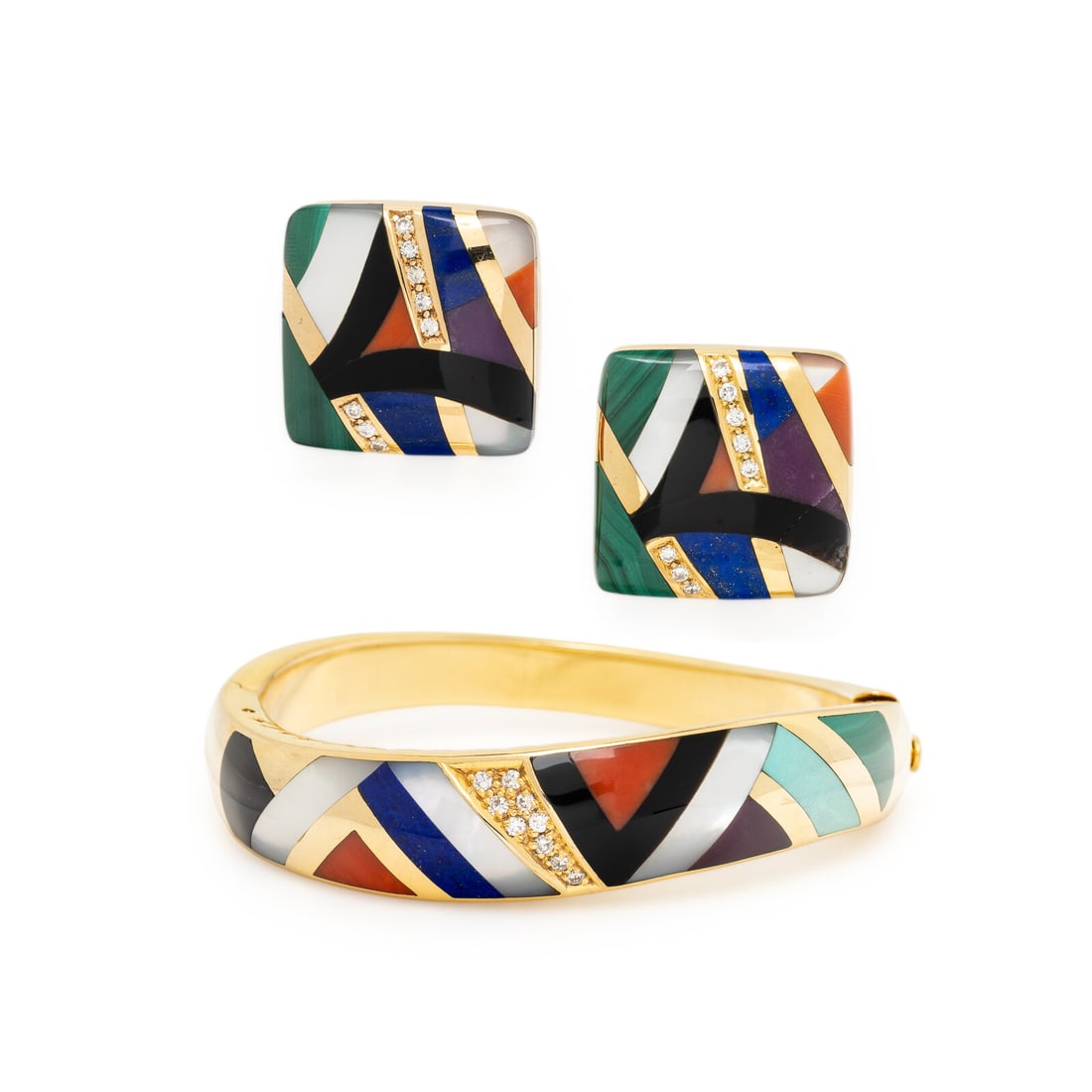 Asch Grossbardt, Multigem and Yellow Gold Earrings and Bangle Bracelet (1 of 2)
