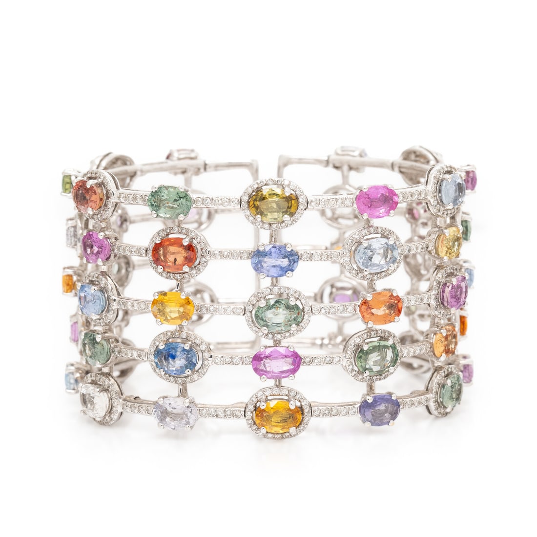 Multicolored Sapphire, Diamond, and White Gold Cuff Bracelet (1 of 2)