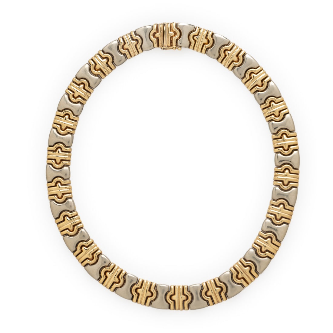 Bicolor Gold Fancy Link Necklace: Bicolor Gold Fancy Link Necklace 14 karat yellow and white gold. 17 inches long. Stamp: 14KT ITALY. Gross weight: 39.70 dwt. Property from a Private Estate, Cherry Hills Village, Colorado This lot is 