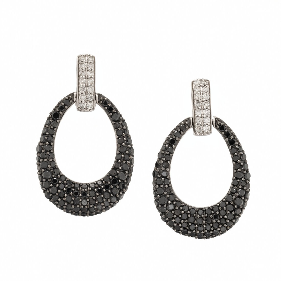 White Gold, Diamond, and Black Diamond Earrings: White Gold, Diamond, and Black Diamond Earrings Round near colorless diamonds and pavé-set round black diamonds. 14 karat white gold. 1 3/8 inches long. Stamp: 14K 585 C&S 64. Gross weight: 7