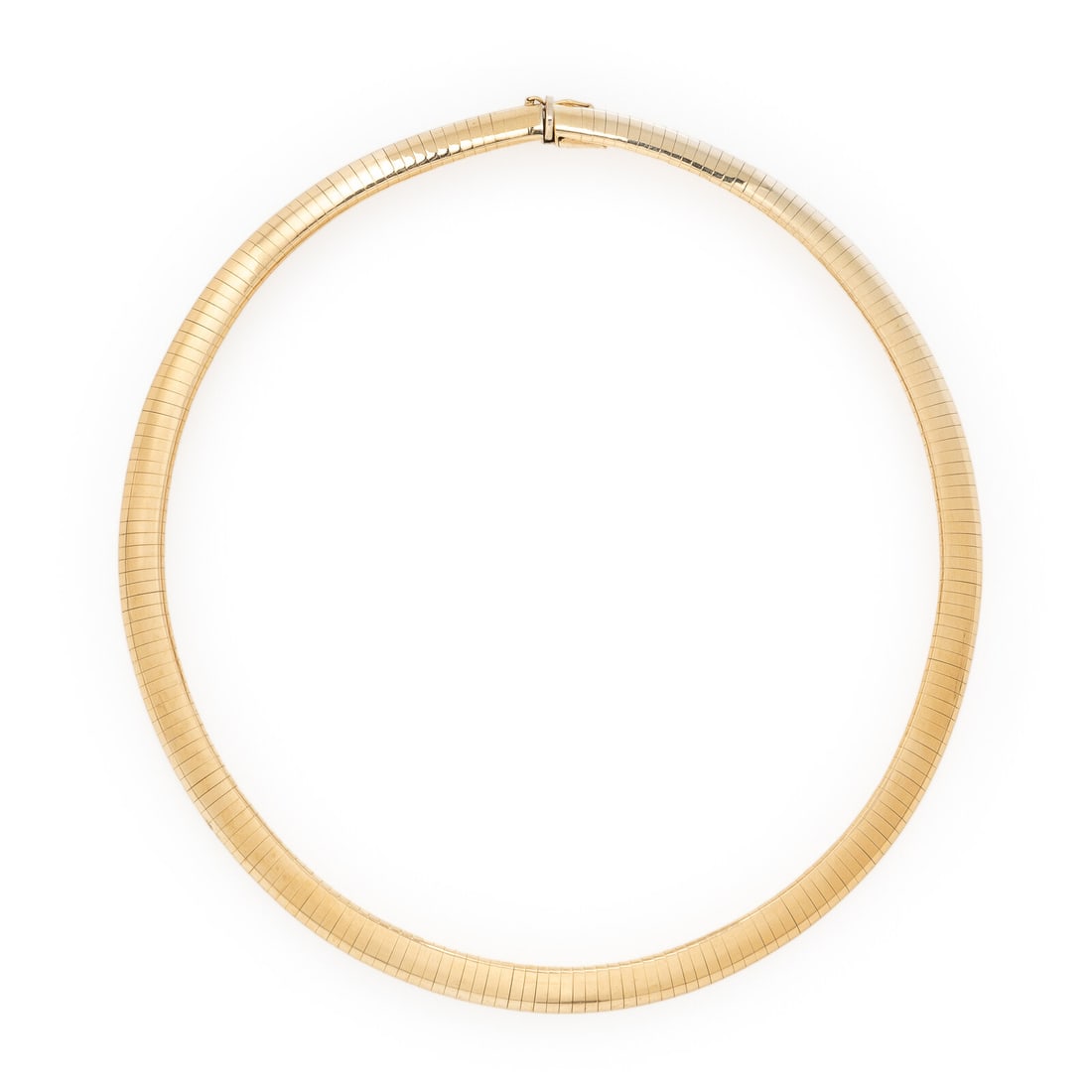 Yellow Gold Omega Chain: Yellow Gold Omega Chain 14 karat yellow gold. 15 inches long Stamp: 14KT ITALY Aurafin. Gross weight: 32.25 dwt. Property from a Private Estate, Cherry Hills Village, Colorado This lot is located in C