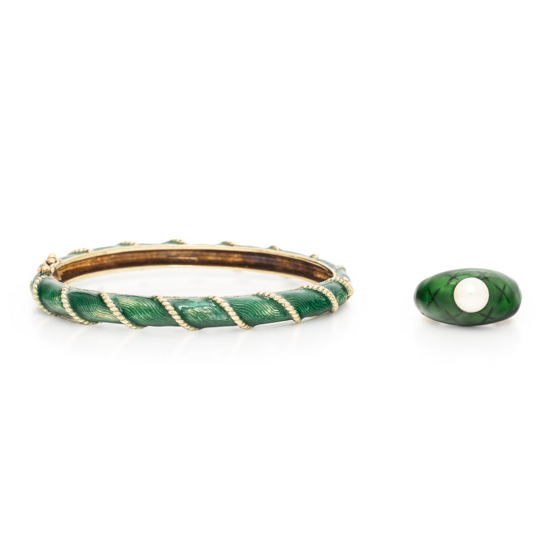 Green Enamel and Yellow Gold Ring and Bangle Bracelet (1 of 2)