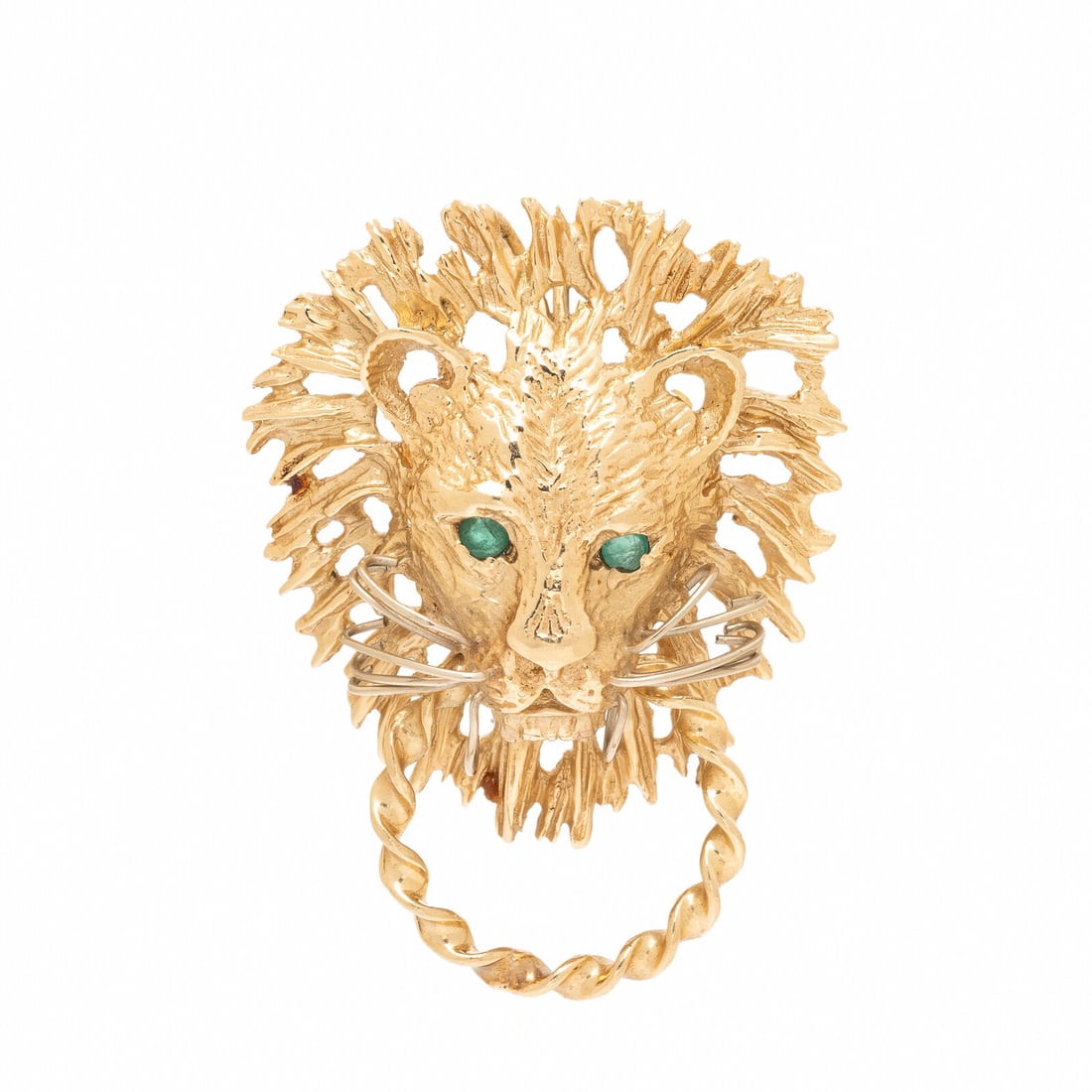 Yellow Gold Lion Door Knocker Pendant: Yellow Gold Lion Door Knocker Pendant Round emeralds. 14 karat yellow gold. 1 1/2 inches long. Stamp: 14Kt (maker's mark). Gross weight: 7.05 dwt. Property of a Philadelphia Main Line Collector This l