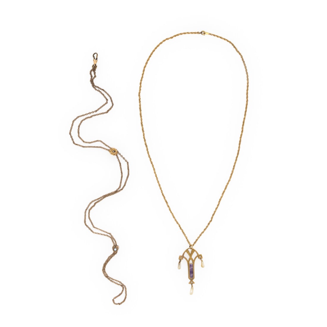 Collection of Multigem Jewelry: Collection of Multigem Jewelry Including a watch chain with two slide charms set respectively with a seed pearl and round cabochon opal, and a pendant necklace set with square step cut amethysts and