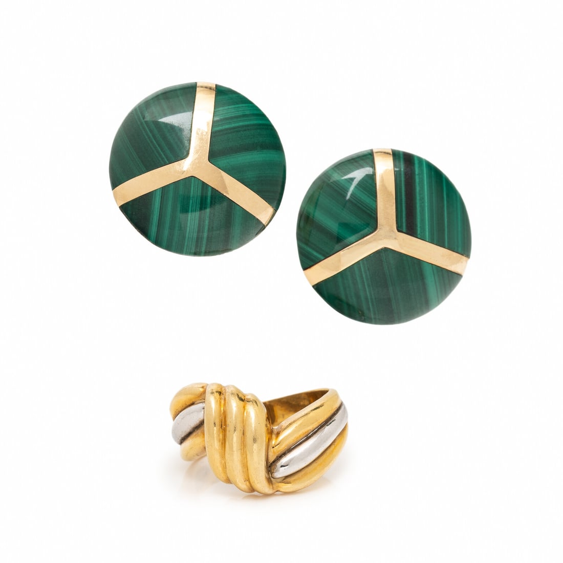 Malachite Earrings and Bicolor Gold Ring: Malachite Earrings and Bicolor Gold Ring Including a pair of earrings and a ring, the earrings set with malachite. 14 karat yellow gold, and white and yellow gold. Earrings: 3/4 inch long. Ring size