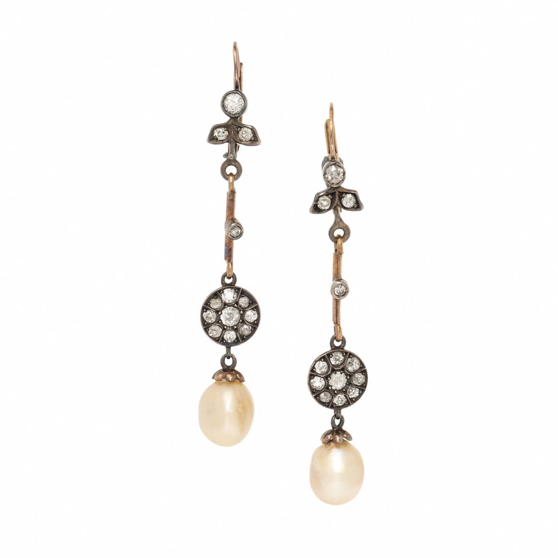 Antique, Silver-Topped Gold, Diamond, and Cultured Baroque Pearl Earrings: Antique, Silver-Topped Gold, Diamond, and Cultured Baroque Pearl Earrings Old European and single cut diamonds weighing approximately 0.95 carat total, and baroque cultured pearls measuring