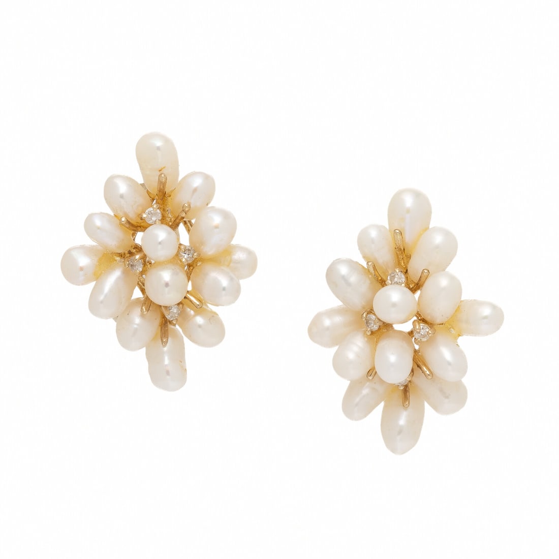 Cultured Pearl, Diamond, and Yellow Gold Cluster Earrings: Cultured Pearl, Diamond, and Yellow Gold Cluster Earrings Cultured pearls and round diamonds. 14 karat yellow gold. 1 inch long. Stamp: 14K 585. Gross weight: 3.75 dwt. Property of a Philadelphia