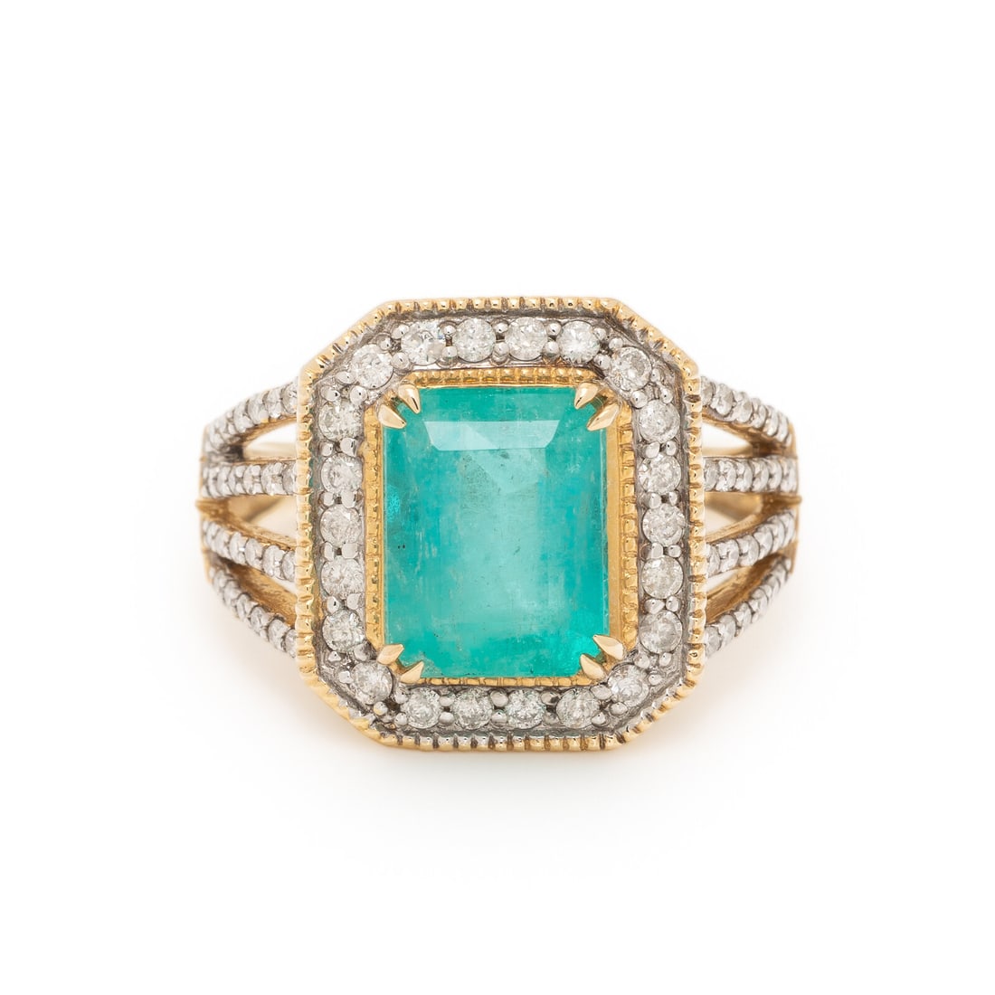 Emerald, Diamond, and Yellow Gold Ring: Emerald, Diamond, and Yellow Gold Ring Emerald cut emerald weighing approximately 3.02 carats, and round diamonds weighing approximately 0.55 carat total. 14 karat yellow gold. Ring size 7. Stamp: