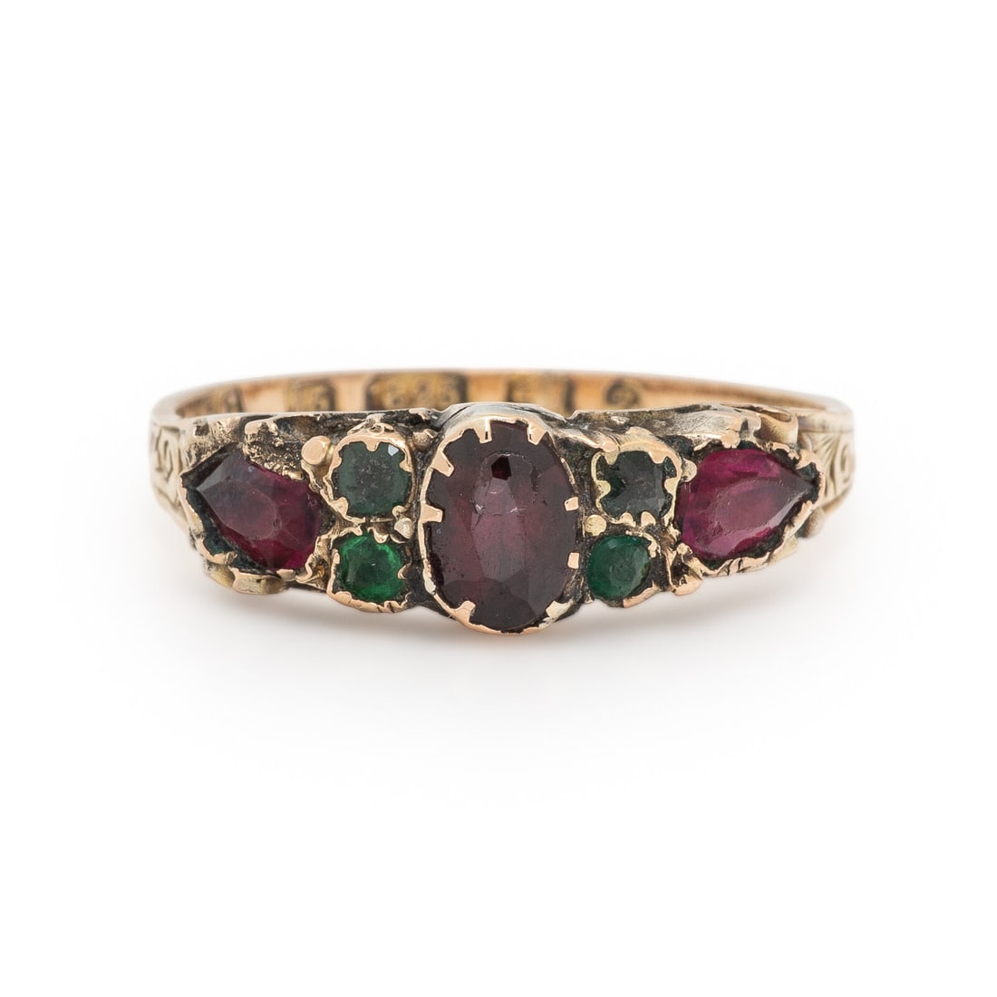 Georgian, Multigem and Yellow Gold Ring: Georgian, Multigem and Yellow Gold Ring Oval and pear shape pink and green paste. 15 karat yellow gold. Ring size 8 1/2. Stamp: 15 (British hallmarks). Gross weight: 7.85 dwt. From the Estate of