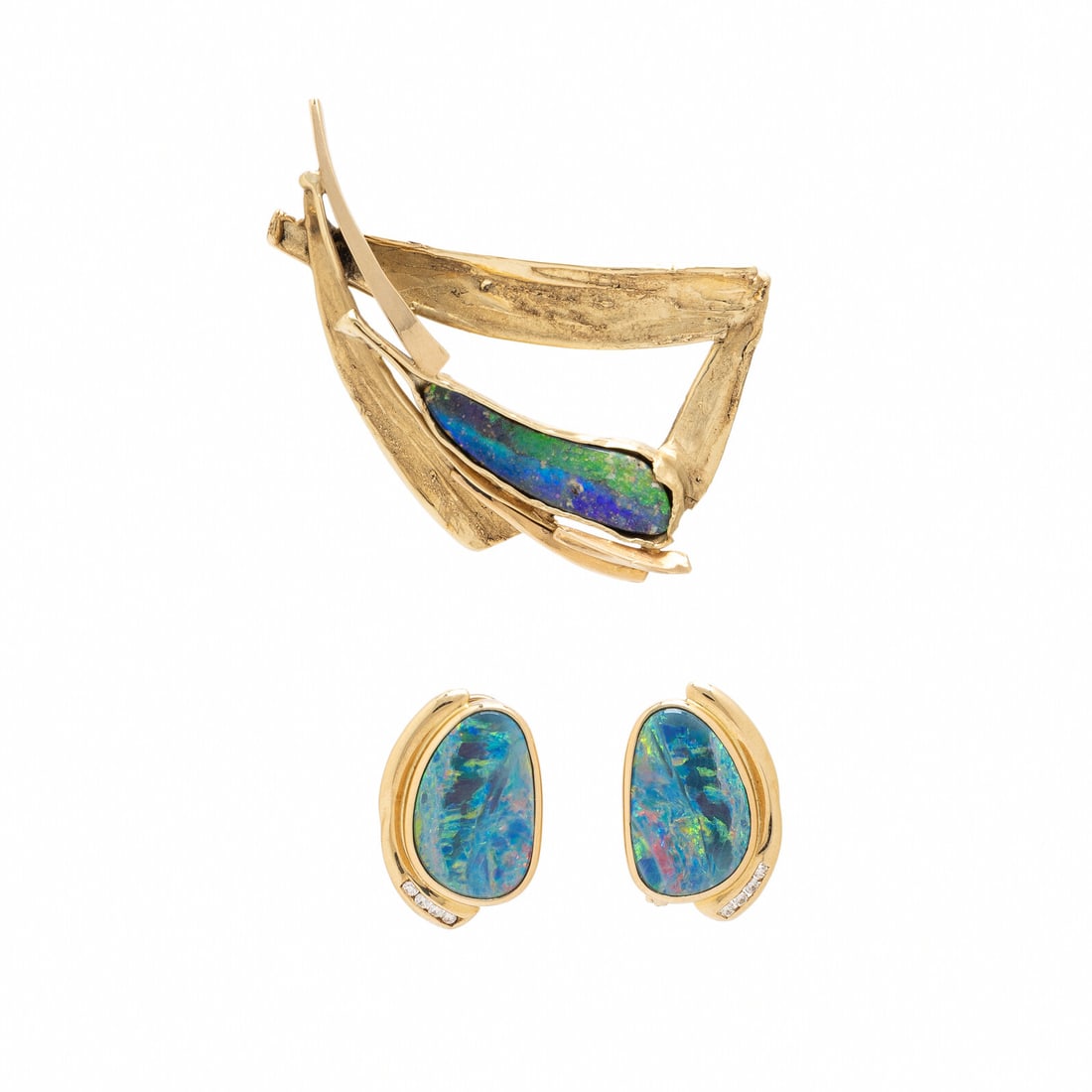Yellow Gold, Opal, and Diamond Earrings and Brooch (1 of 2)