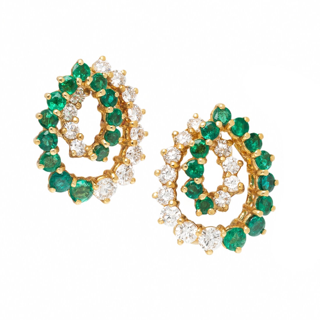Diamond, Synthetic Emerald, and Yellow Gold Earrings: Diamond, Synthetic Emerald, and Yellow Gold Earrings Round diamonds weighing approximately 1.30 carats total and round synthetic emeralds. 18 karat yellow gold. 3/4 inch long. Stamp: 18K. Gross weight