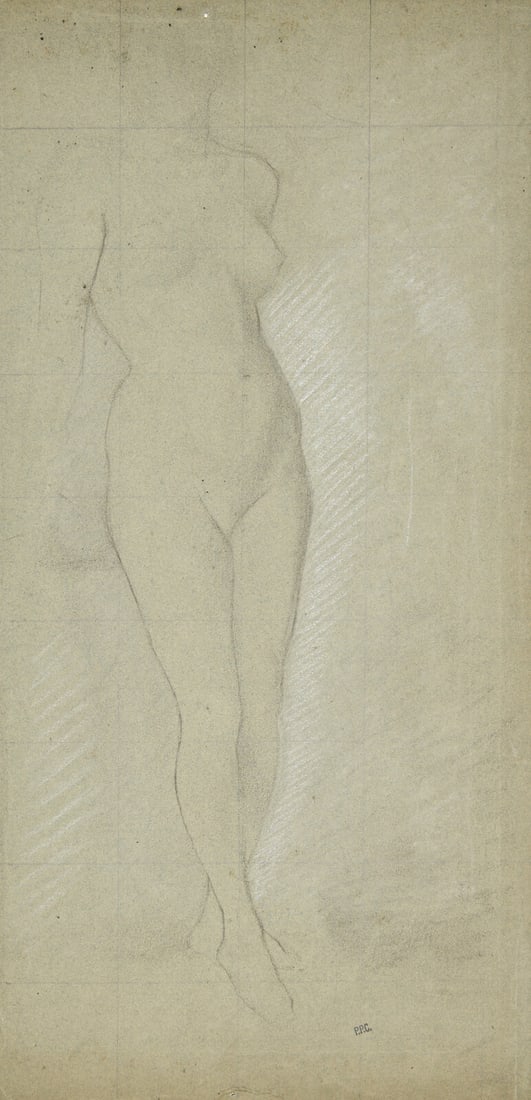 Pierre Puvis de Chavannes (French, 1824-1898) Nu Debout: Pierre Puvis de Chavannes (French, 1824-1898) Nu Debout charcoal and crayon heightened with white on grey wove paper bears studio stamp of the artist (lower right; Lugt. 2104) 17 3/4 x 8 3/4 in. (45 x