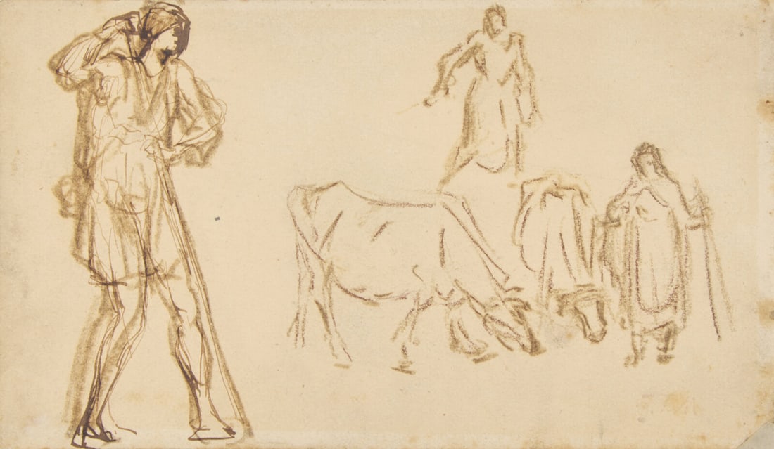 Jean-François Millet (French, 1814-1875) Bergers Gardant leur Troupeau, 1865-70: Jean-Françoiss Millet (French, 1814-1875) Bergers Gardant leur Troupeau, 1865-70 brown ink and crayon on paper stamped JFM (lower right; Lugt 1460) 3 1/2 x 6 in. (8.9 x 15.2cm) Property from Private 