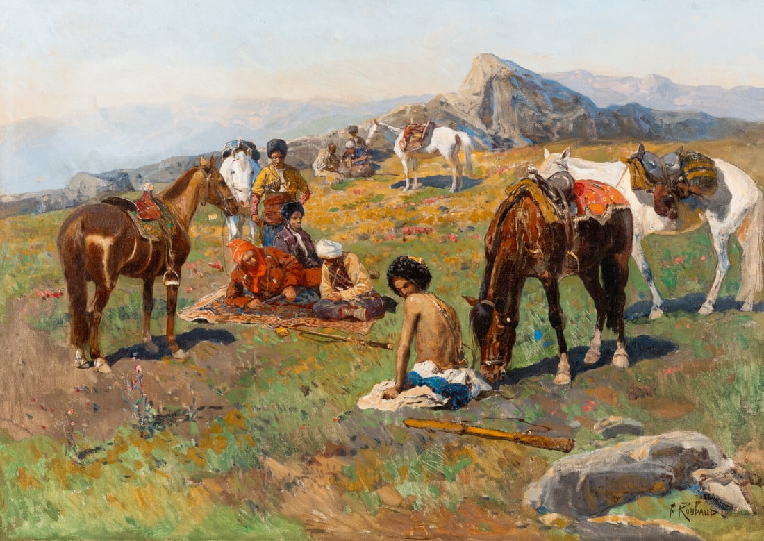 Franz Roubaud (Ukrainian, 1856-1928) Circassian Horsemen Resting on a High Plateau: Franz Roubaud (Ukrainian, 1856-1928) Circassian Horsemen Resting on a High Plateau oil on canvas signed F. Roubaud. (lower right) 23 1/2 x 33 in. (59.7 x 83.8cm) This lot is located in Philadelphia. T