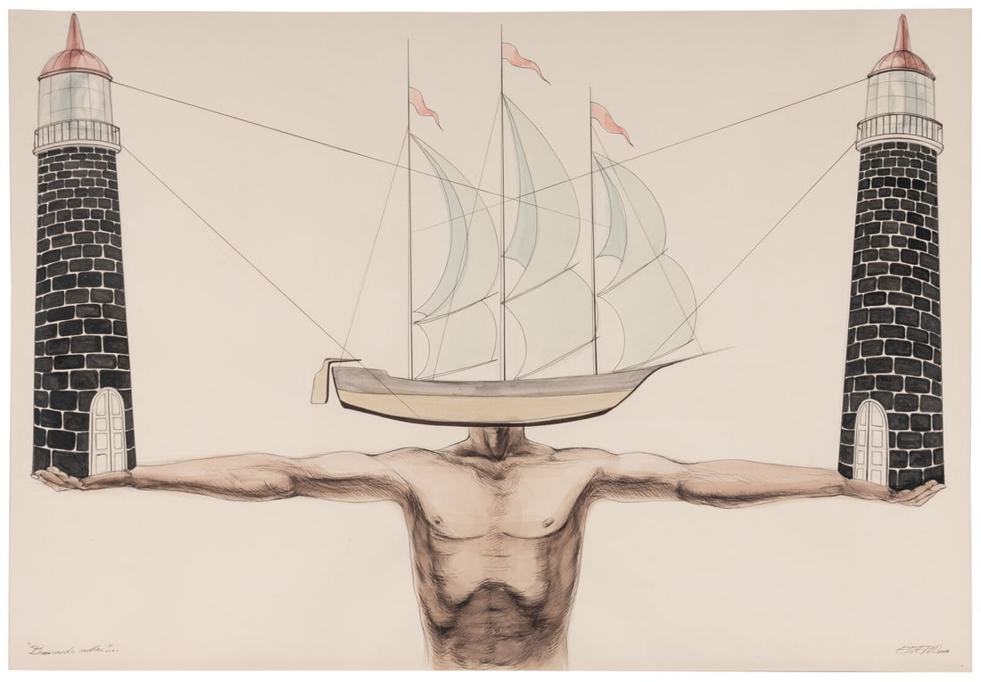 Esterio Segura Mora (Cuban, b. 1970) Buscando orillas... (Searching for Shores....), 2003: Esterio Segura Mora (Cuban, b. 1970) Buscando orillas... (Searching for Shores....), 2003 watercolor, ink, and graphite on paper signed Esterio, titled and dated (lower edge) 26 x 38 1/2 inches. (sigh