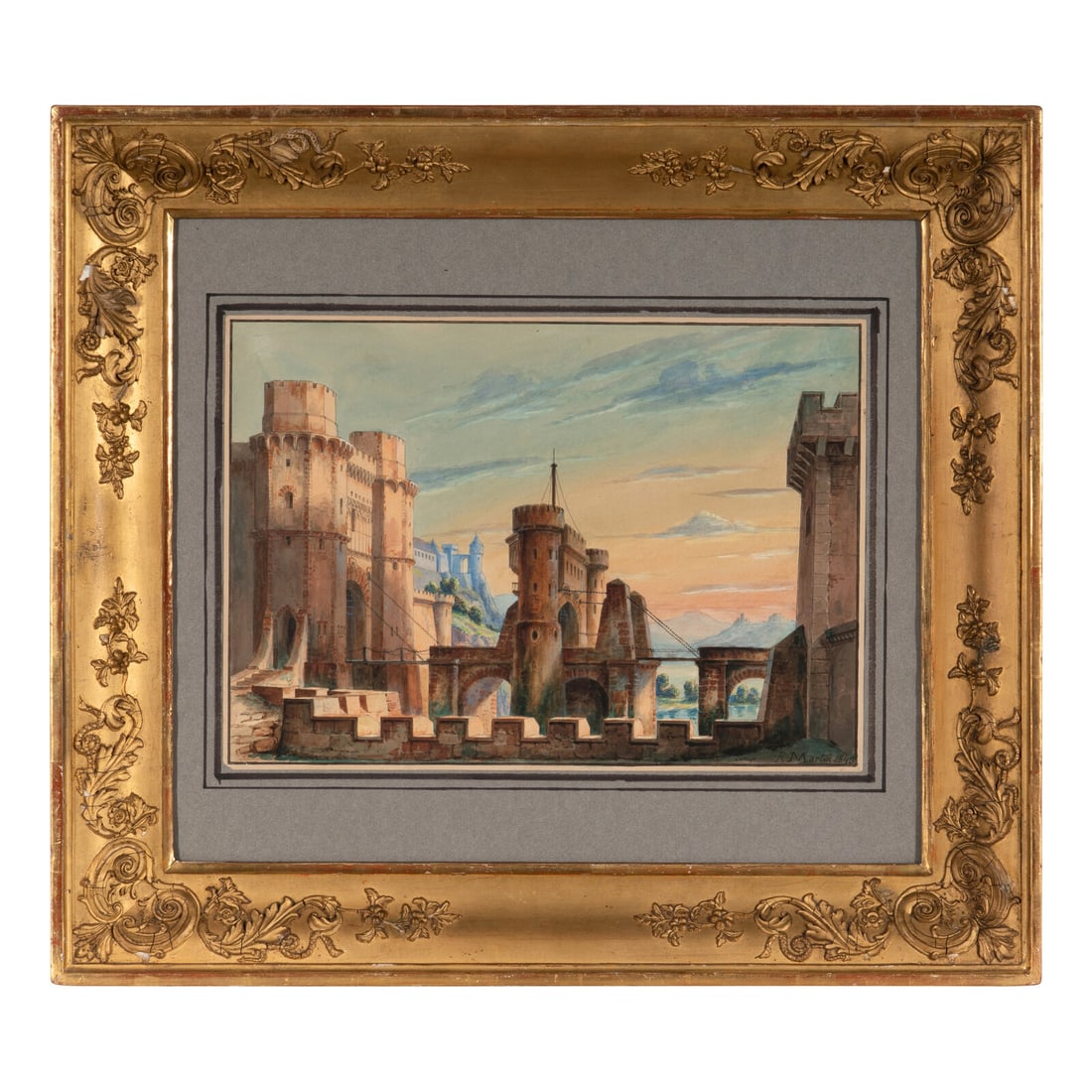 Artist Unknown (19th Century): Artist Unknown (19th Century) Design for a Stage Set Showing a Medieval Fortress Against a Sunset Sky, 1843 watercolor, graphite and ink on paper signed R. Martin and dated (lower right) 10 1/8 x 14 1