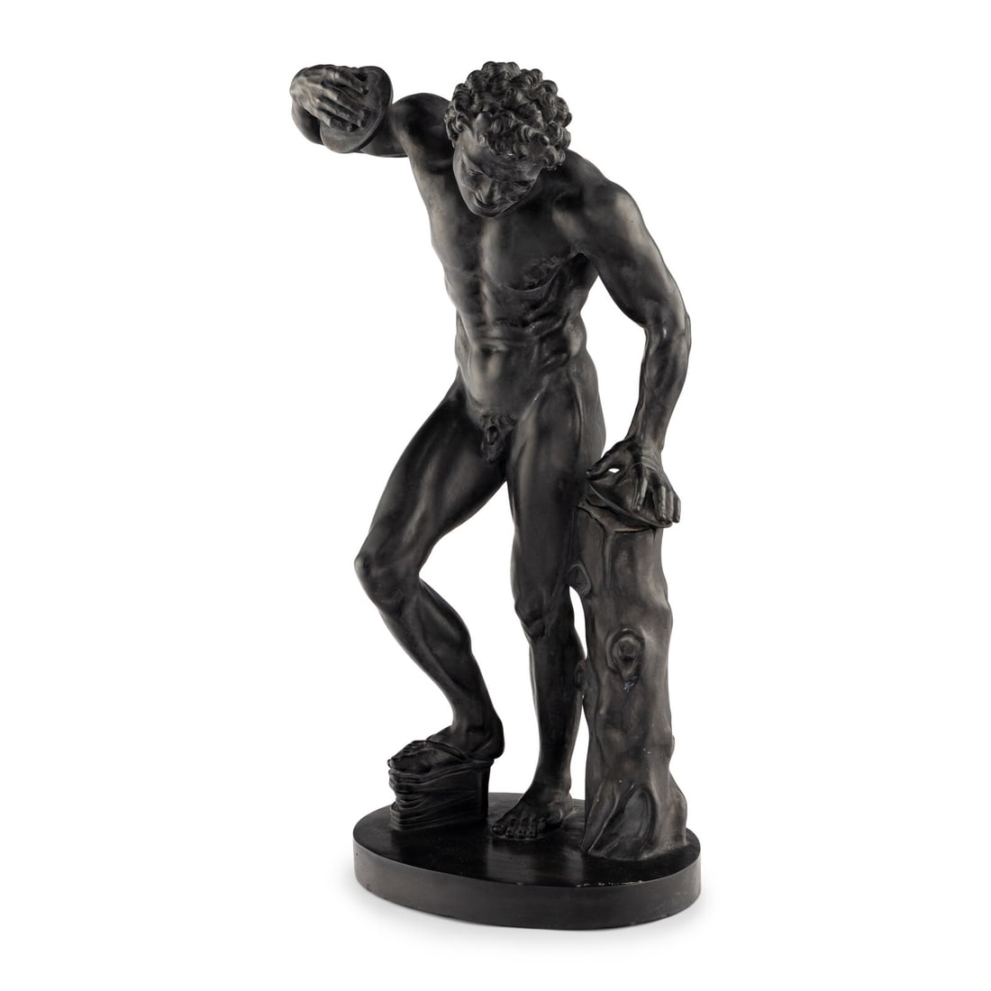 A Danish Black Ceramic Figure of a Dancing Faun: A Danish Black Ceramic Figure of a Dancing Faun Late 19th/Early 20th Century stamped 'L.P. Jørgensen' to underside Height 22 x width 12 x depth 8 inches. Property from the Estate of Bliss Hebert 