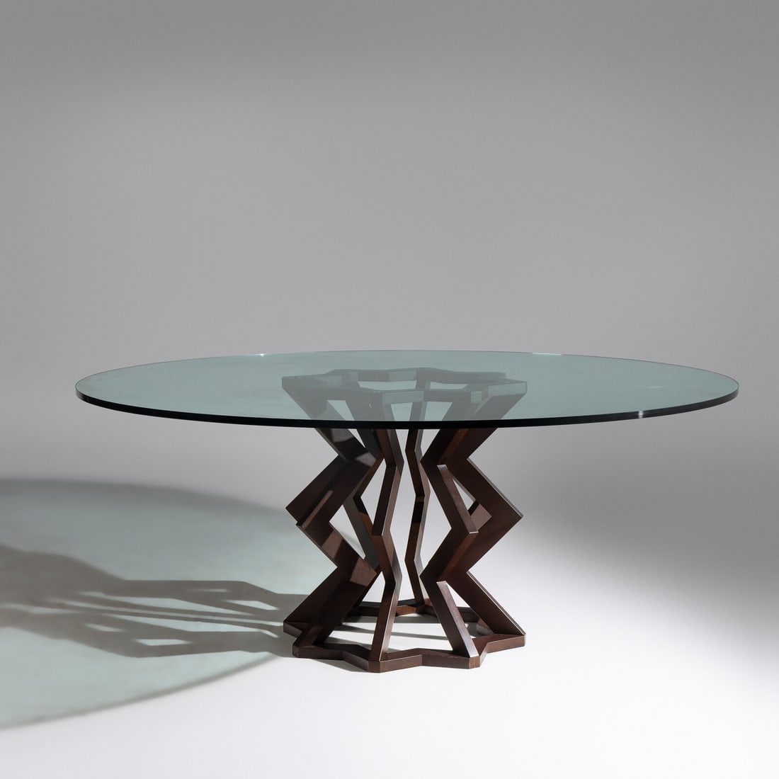 Gene Summers 1928–2011 Dining Table, model F16, 1989: Gene Summers 1928–2011 Dining Table, model F16, 1989 impressed to base 'G. Summers '89 1/6' cast bronze, glass 26 ¼ h × 71 ½ dia in. Property from the Estate of Beverly Flynn, Chi
