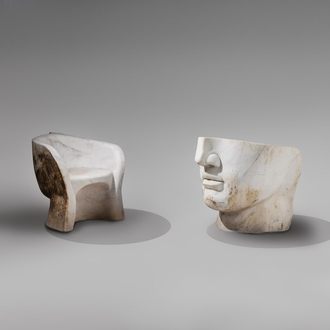 Italian Design 20th Century Pair of Carved Marble Armchairs: Italian Design 20th Century Pair of Carved Marble Armchairs no visible marks or signatures 28 h x 32 w x 38 d in Property of a California Collector This lot is located in Chicago. Provenance Provenanc