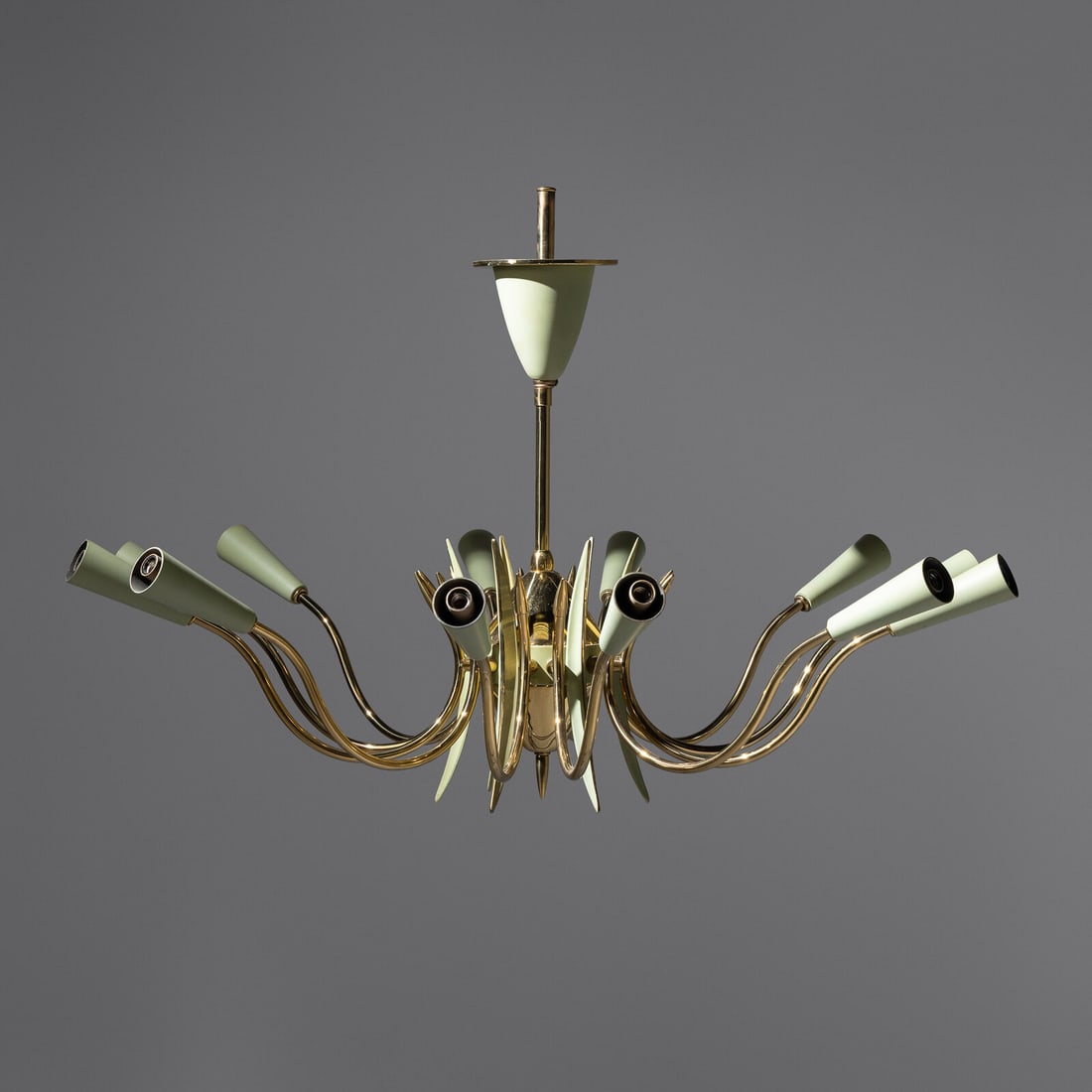 Italian Design Mid 20th Century Brass and Enameled Twelve-Arm Chandelier, c. 1960 (1 of 2)