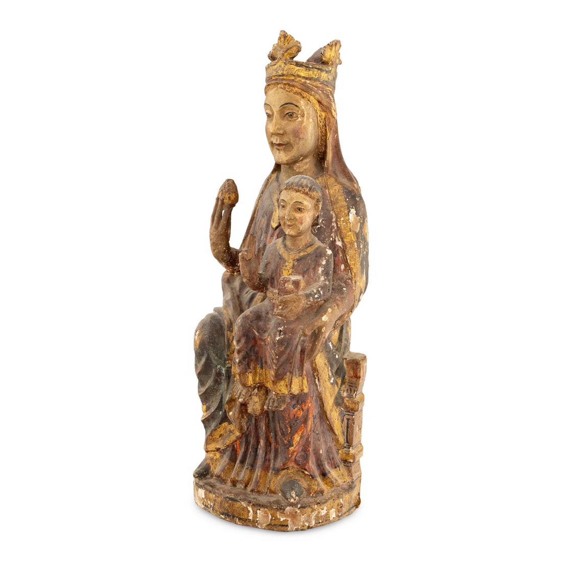 A Swabian Carved and Polychrome Decorated Figural Group of the Virgin and Child Enthroned: A Swabian Carved and Polychrome Decorated Figural Group of the Virgin and Child Enthroned 15th Century with Later Restoration Height 28 3/4 x width 11 x depth 8 inches. Property from a Private