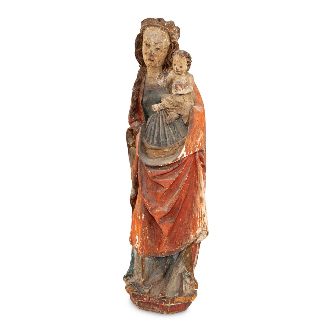 A Continental Carved and Polychrome Decorated Figural Group of the Virgin and Child: A Continental Carved and Polychrome Decorated Figural Group of the Virgin and Child Likely Northern European, 16th/17th Century Height 34 x width 10 x depth 6 inches. Property from a Private