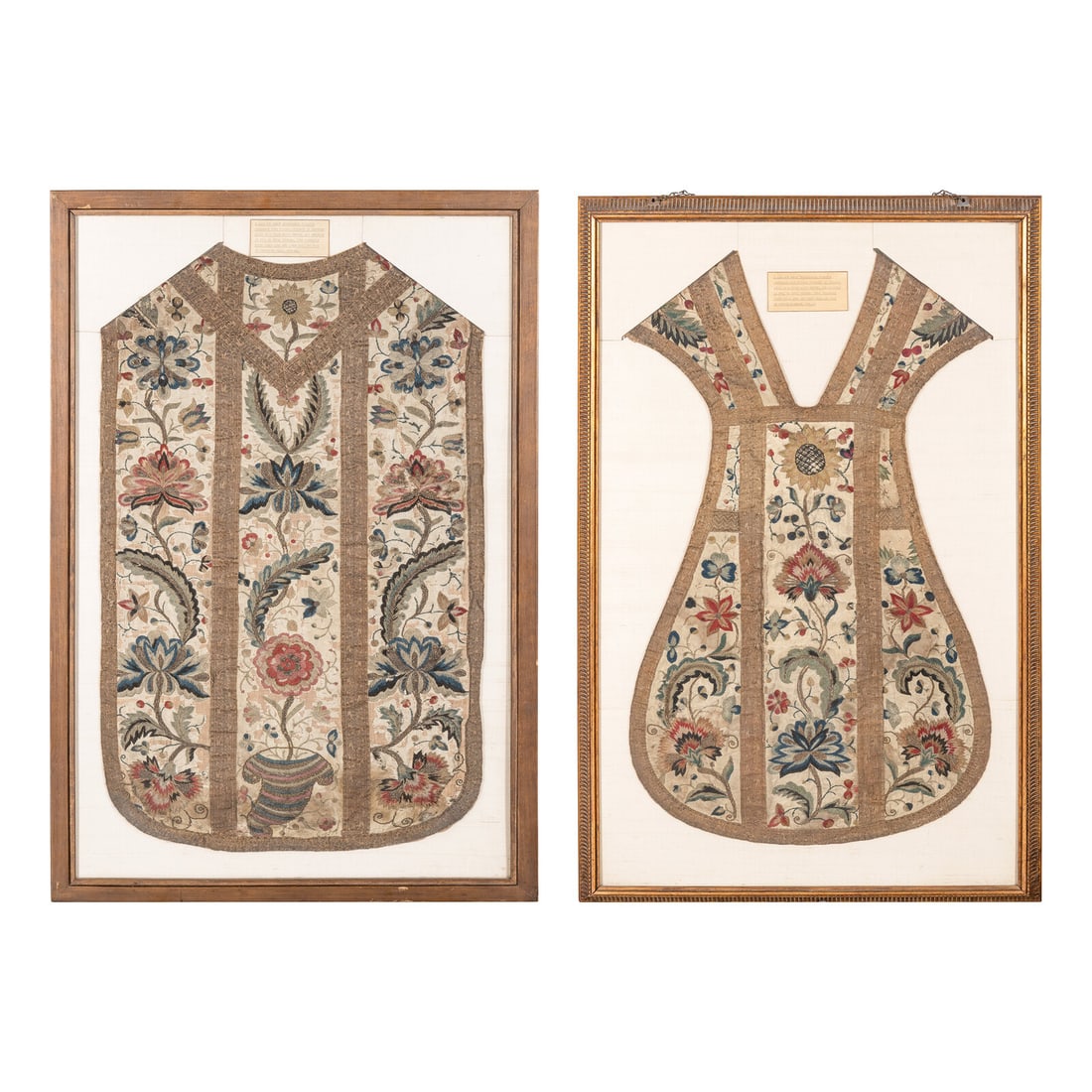 An English Silk and Metallic Thread Embroidered Chasuble: An English Silk and Metallic Thread Embroidered Chasuble Mid 17th Century mounted within a double-sided frame with a plaque attributing the chasuble to the town of Tunbridge Wells. Height of chasuble