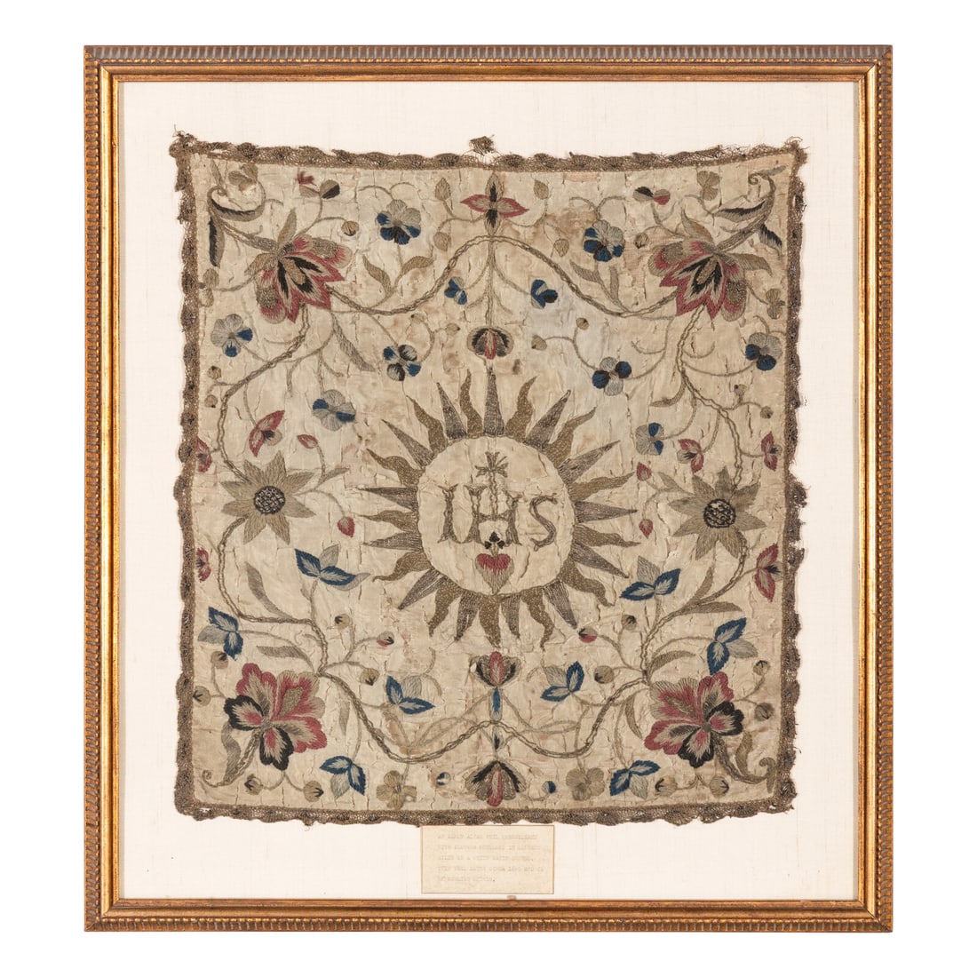 An English Silk, Wool and Metalic-Thread Embroidered Satin Altar Veil: An English Silk, Wool and Metalic-Thread Embroidered Satin Altar Veil Mid 17th Century mounted within a frame. Height 211/2 x width 19 inches. This lot is located in Chicago.