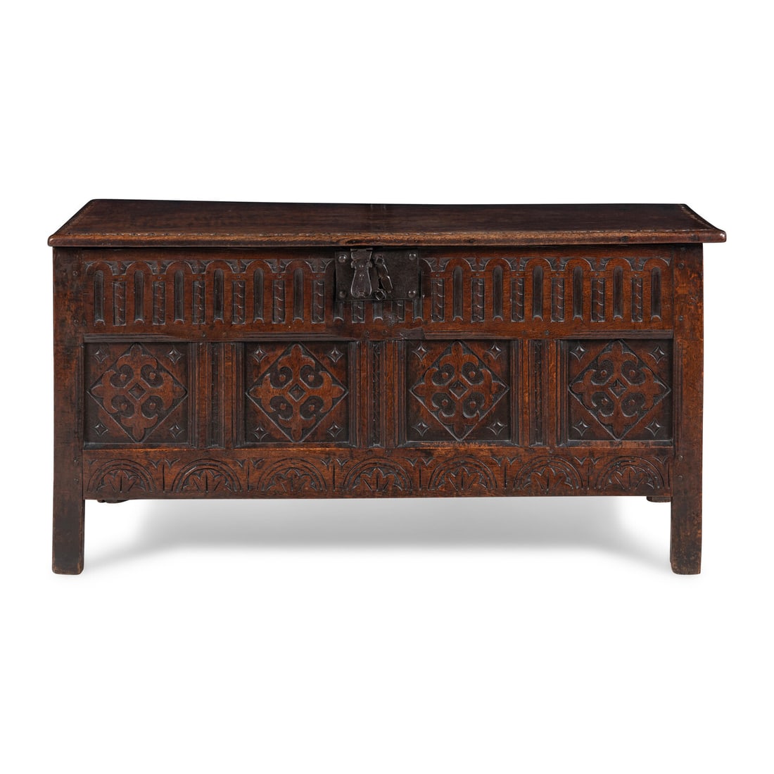 An English Oak Coffer: An English Oak Coffer Mid 17th Century Height 26 x width 51 x depth 21 1/2 inches. Property from the Collection of Robert and Roseann Drucker, Wilmette, IL This lot is located in Chicago. Provenance: