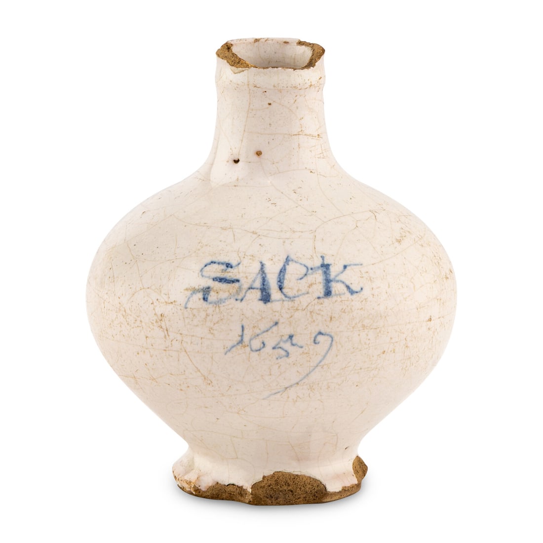 An English Delftware Sack Wine Bottle: An English Delftware Sack Wine Bottle Dated 1657 of conventional form, the body inscribed 'SACK' above the date in blue, chipping to lip rim and foot. Height 5 x width 4 1/2 x depth 4 1/2 inches.