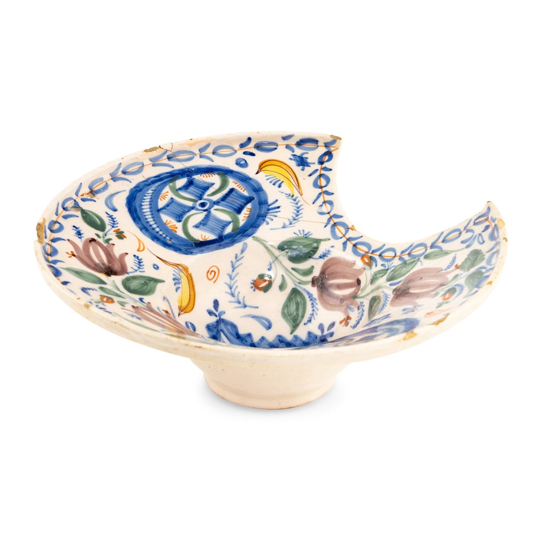 An English Delftware Polychrome Decorated Barber's Bowl: An English Delftware Polychrome Decorated Barber's Bowl Mid-18th Century Height 4 x width 10 3/4 inches. Property from the East Coast Collection of Peter S. Ely This lot is located in Chicago.