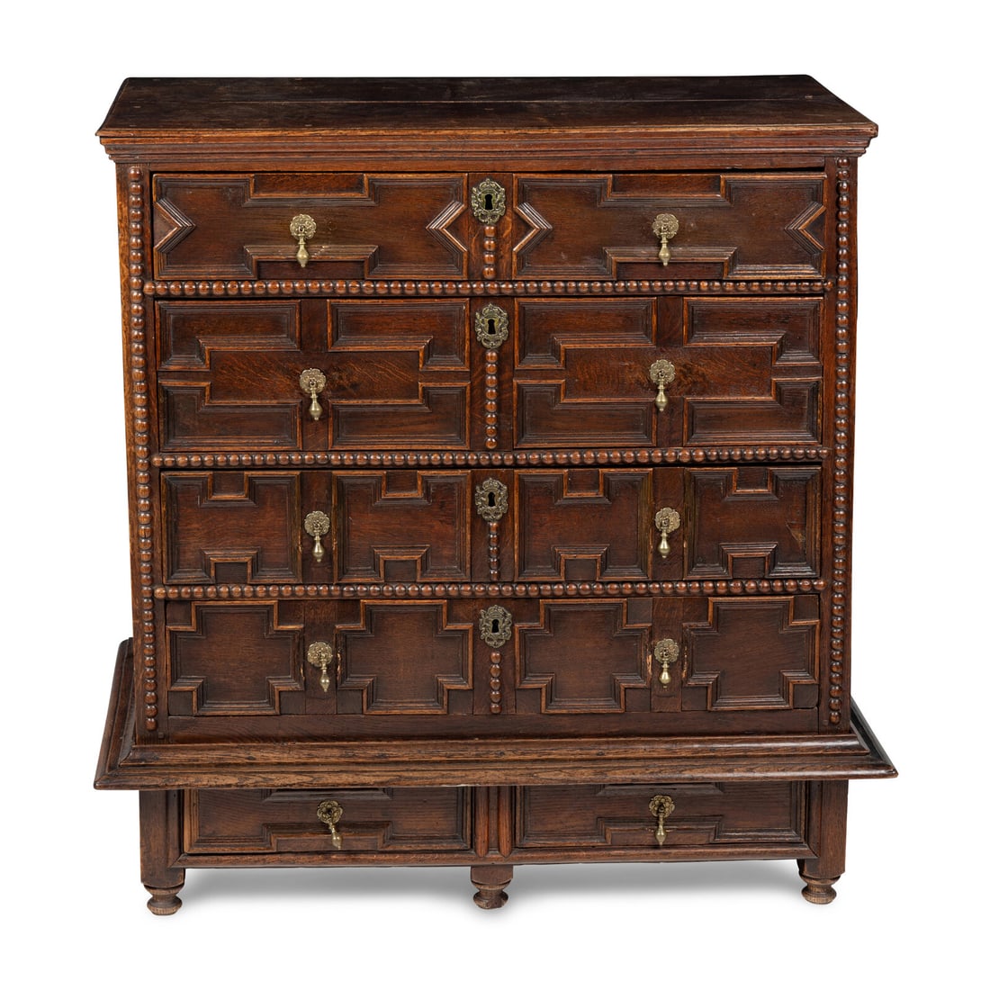 A Charles II Oak Chest of Drawers: A Charles II Oak Chest of Drawers 17th Century Height 40 1/2 x width 39 1/2 x depth 22 1/4 inches. Property from a Private Collection This lot is located in Chicago.