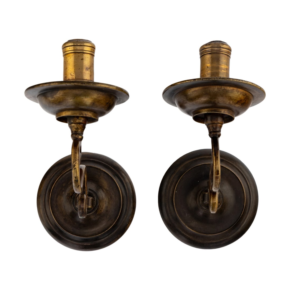 A Pair of English Brass Sconces: A Pair of English Brass Sconces Second Half 17th Century Height 9 x length 10 inches. Property from the Collection of Robert and Roseann Drucker, Wilmette, IL This lot is located in Chicago.