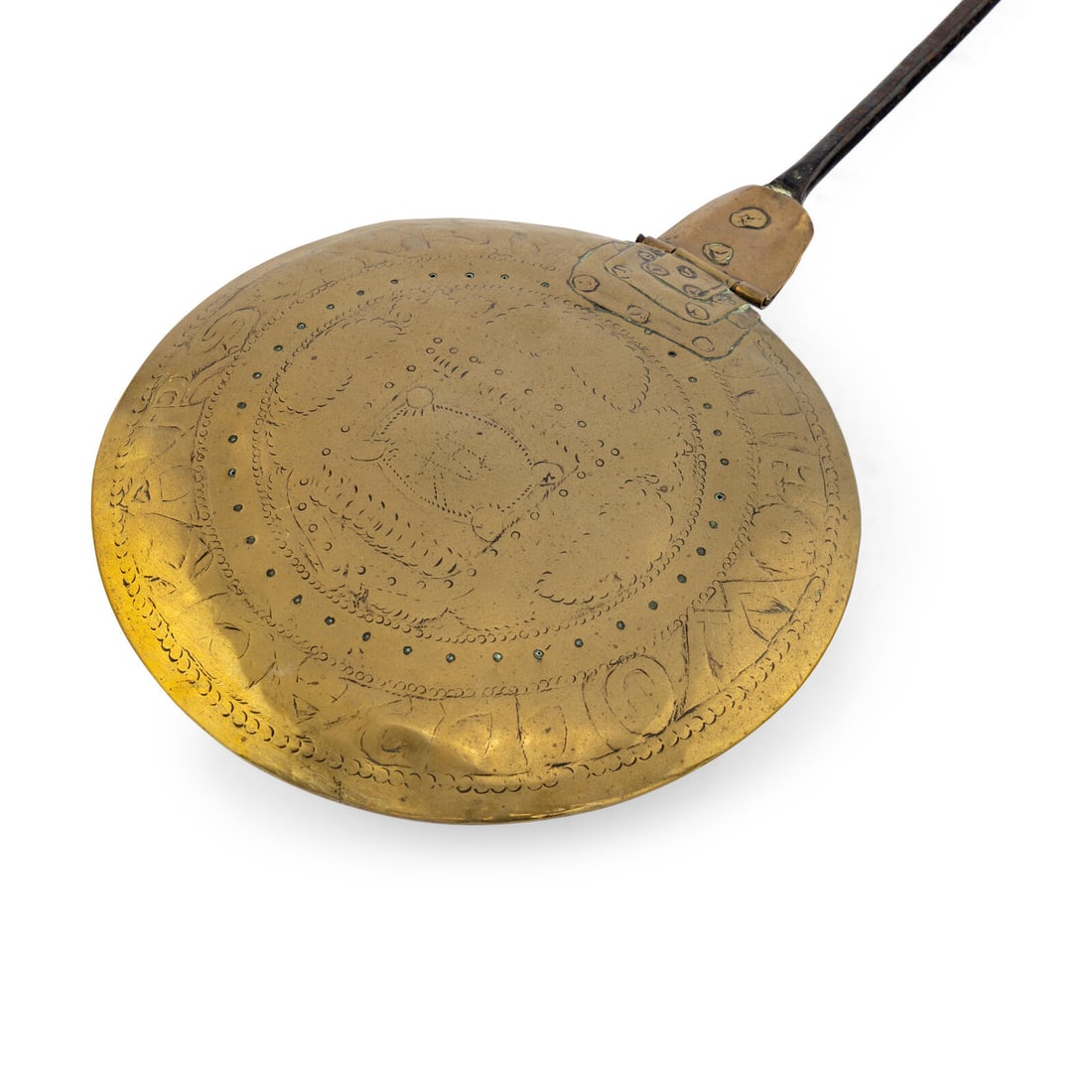 A Brass and Iron Bed Warmer: A Brass and Iron Bed Warmer Mid 17th Century the lid decorated for "The Woolpackers Arms". Length 41 1/4 inches. Property from the Collection of Robert and Roseann Drucker, Wilmette, IL This lot is