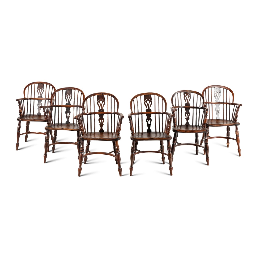 A Set of Six Yew and Elm Windsor Chairs: A Set of Six Yew and Elm Windsor Chairs Late 18th Century Height 36 x width 21 1/2 x depth 17 inches. Property from the Estate of Audrey and Philip Rietveld, Crete, Illinois This lot is located in