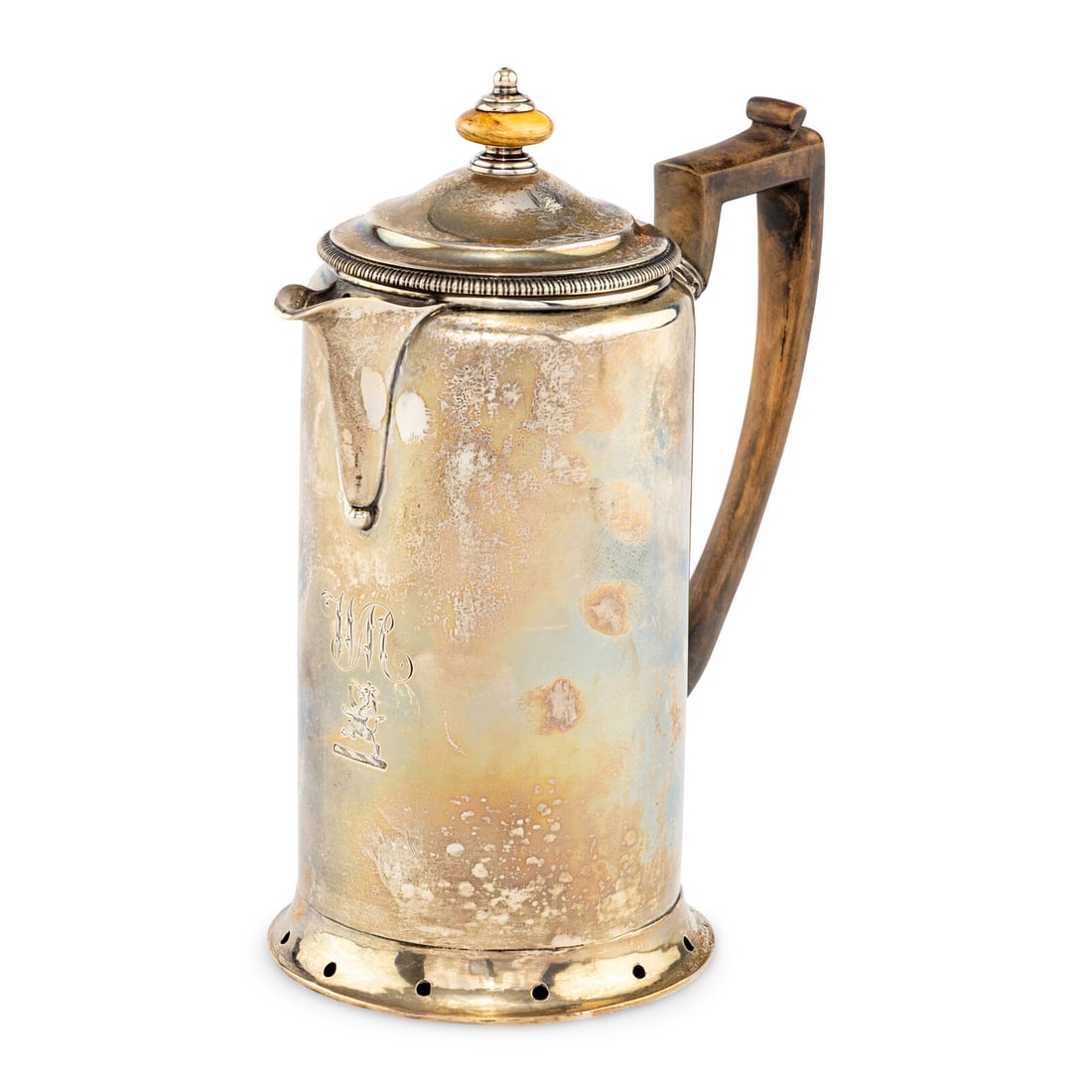 A George III Silver Hot Water Pot: A George III Silver Hot Water Pot Robert Sharp, London, 1803 the lid and body with an engraved script monogram 'WM' the body further engraved with a crest of a lion rampant. hallmarked for Sterling