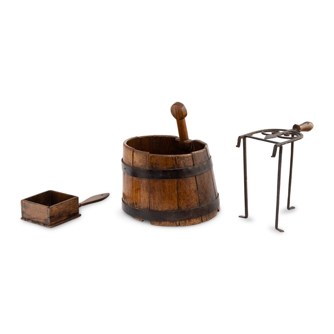 Two English Oak and Iron Utilitarian Objects: Two English Oak and Iron Utilitarian Objects 17th/18th Century comprising a bucket and kettle stand, together with an oak collection box (with broken handle); three items total. Height of first 14