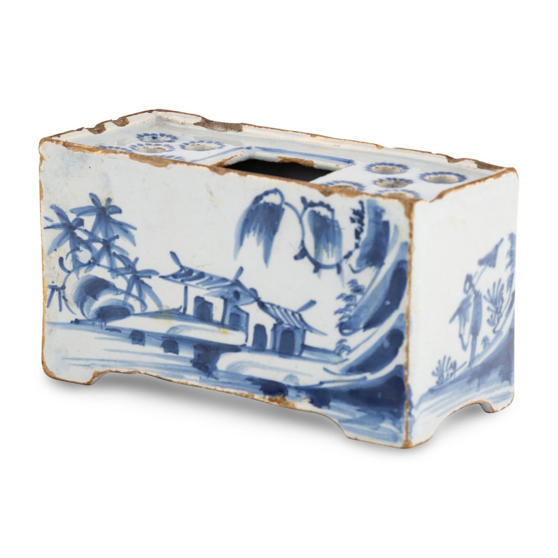 An English Delftware Flower Brick: An English Delftware Flower Brick Mid 18th Century Height 2 1/2 x width 4 3/4 x depth 2 inches. Property from the East Coast Collection of Peter S. Ely This lot is located in Chicago. Provenance: