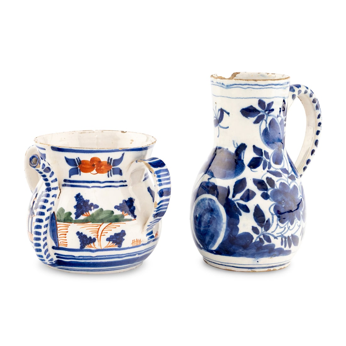 A Delft Blue and White Beer Pitcher and a Polychrome Decorated Posset Pot: A Delft Blue and White Beer Pitcher and a Polychrome Decorated Posset Pot Height of pitcher 8 1/4 inches. Property from the East Coast Collection of Peter S. Ely This lot is located in Chicago.