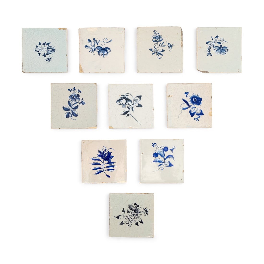 A Collection of Ten Delft Blue and White Floral Decorated Tiles (1 of 2)