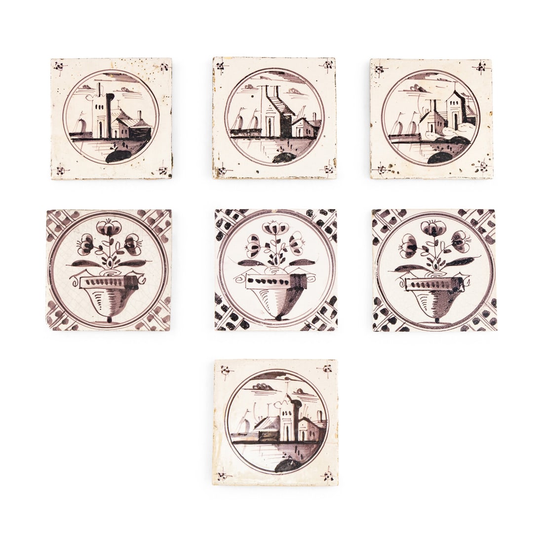 A Collection of Eight Delftware Manganese Decorated Tiles: A Collection of Eight Delftware Manganese Decorated Tiles 18th Century Height 5 x width 5 inches (each). Property from the East Coast Collection of Peter S. Ely This lot is located in Chicago.