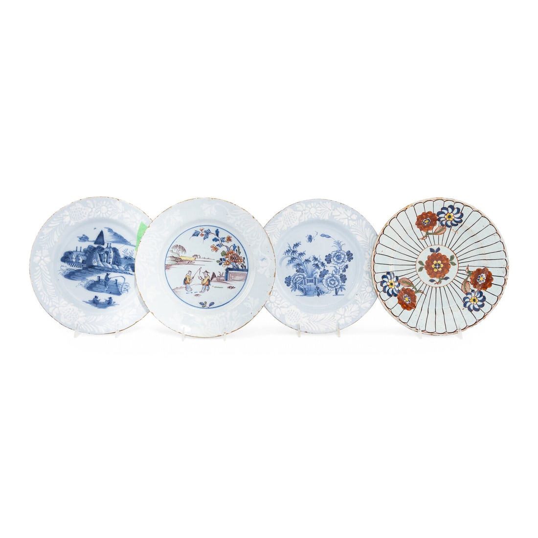 A Collection of Three English Chinoiserie Decorated Plates: A Collection of Three English Chinoiserie Decorated Plates 18th Century together with one plate which is cracked through the middle; 4 items total. Diameter of largest 9 inches. Property from the East